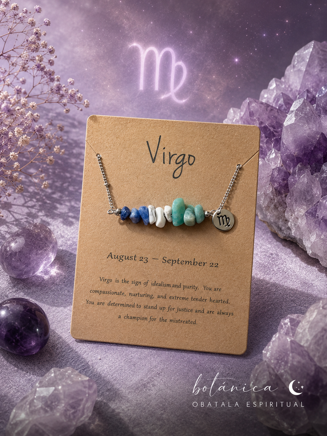 Virgo Zodiac Crystal Necklace – Unisex Natural Stone Energy Necklace for Clarity, Healing & Protection