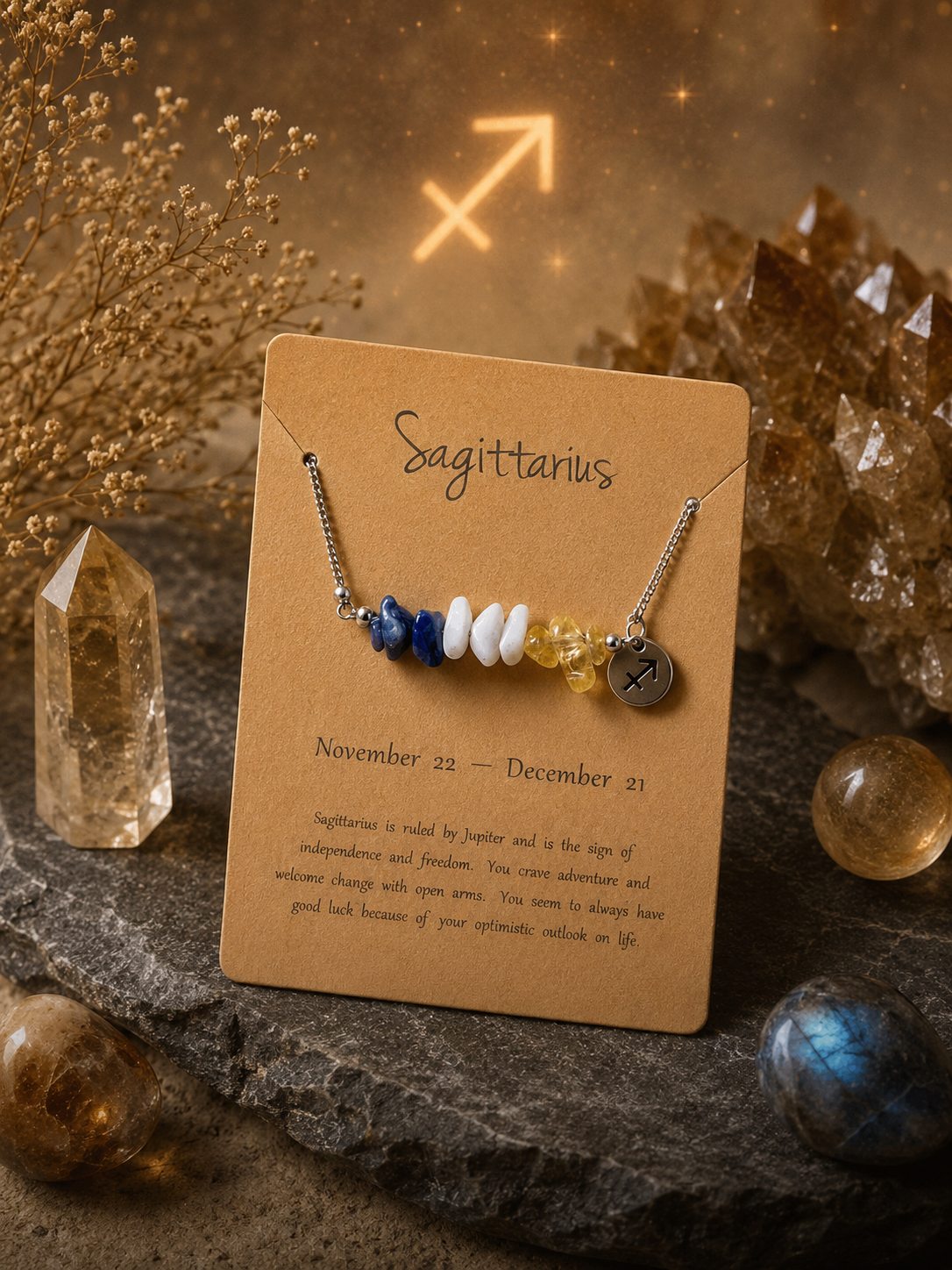 Sagittarius Zodiac Crystal Necklace – Unisex Natural Stone Energy Necklace for Freedom, Luck & Protection