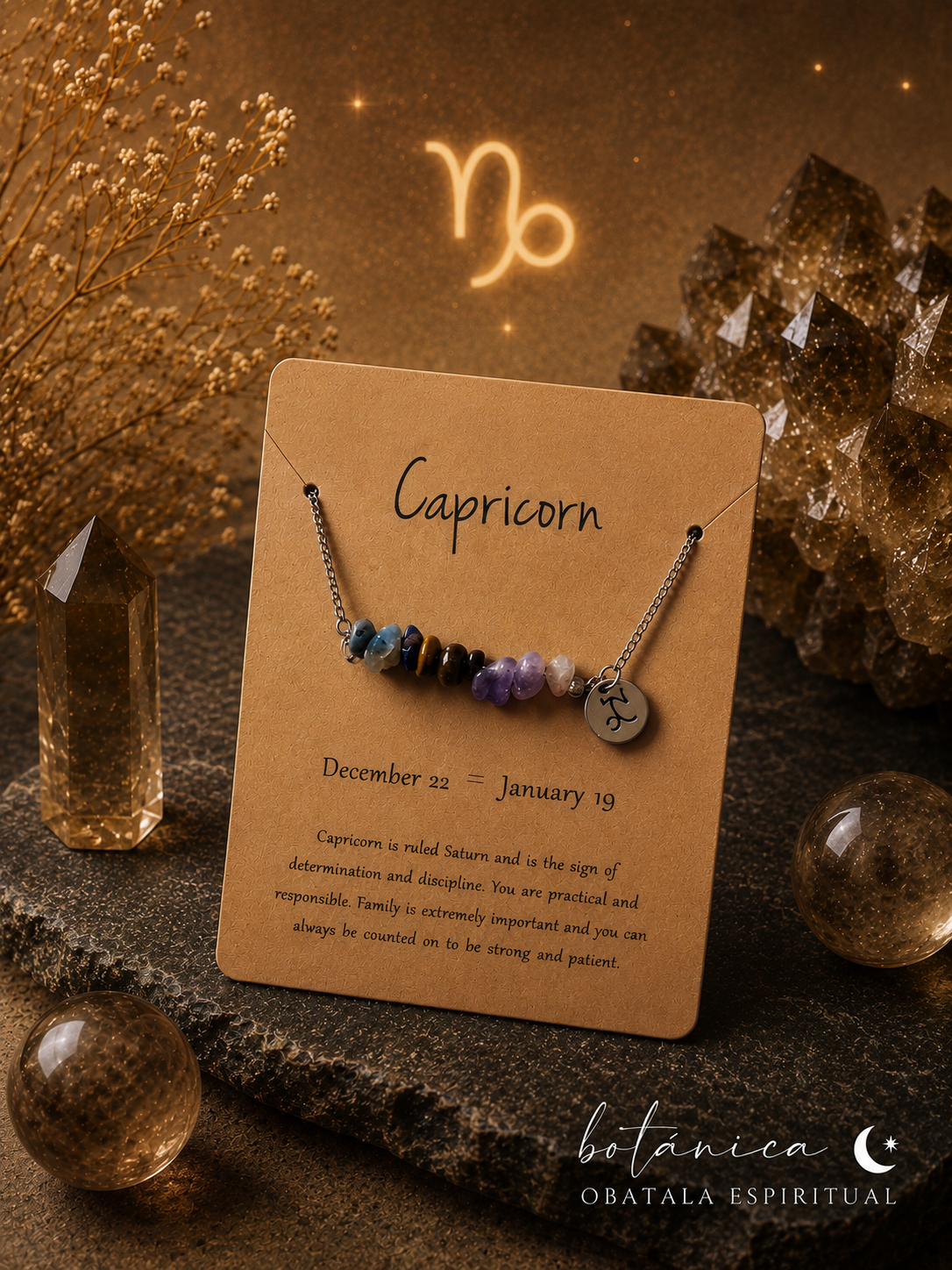 Capricorn Zodiac Crystal Necklace – Unisex Natural Stone Energy Necklace for Discipline, Protection & Success